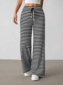 SHEIN PETITE Women's Front Tie Striped Casual Pants - Black and White - View 6
