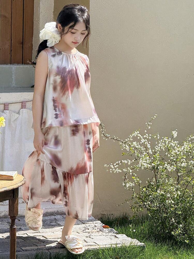 2pcs/Set Tween Girl Crew Neck Textured Top + Skirt Outfit, Summer,Back To School Clothes