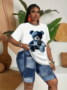 Slaydiva 2 pezzi Set da donna casual e carino composto da maglietta a maniche corte con stampa grafica di orsetto in effetto jeans e pantaloncini stampati, per l'estate