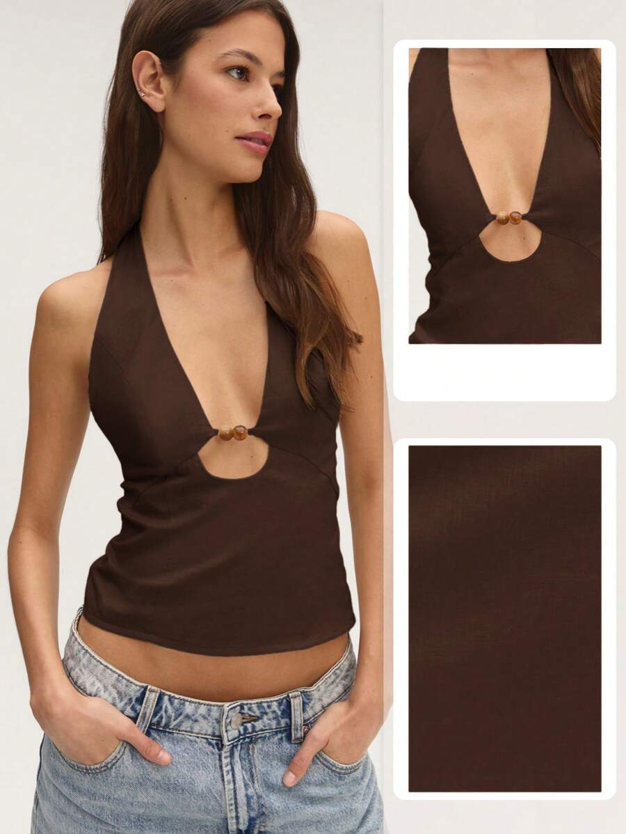 Nöista Top sin mangas con cuello halter y decoración frontal, cómodo y natural, perfecto para cualquier primavera - Marrón - Ver 1