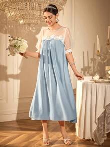 SHEIN Retro French Style Loose Contrast Color Lace Puff Sleeve Maxi Nightgown, Suitable For Wedding Season
