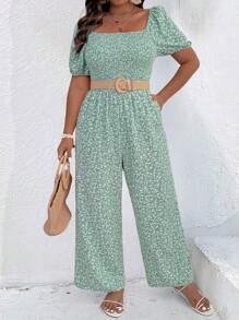 SHEIN Clasi Plus Size Short Sleeve V-Neck Fashion Jumpsuit, Suitable For Summer - Green - View 7