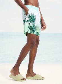 Manfinity Swimmode Men's Leisure Coconut Tree Print Beach Shorts (Random Print) - Mint Green - View 4