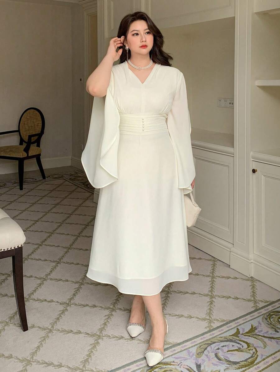 Dazy Plus 加大码纯色雪纺荷叶边袖中长连衣裙，白色挤奶女工连衣裙女士优雅女士正式复古连衣裙，秋季连衣裙长袖连衣裙舞会礼服 - 白色 - 查看 1