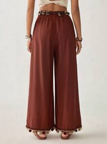 Florisole 亚麻度假风格腰带装饰休闲高腰松紧腰带拼布裤