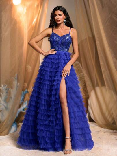 Glamrae Elegant And Gorgeous Blue Mesh Handmade Sequin Embroidery Sling Strapless Chest Sexy Slit Multi-Layered Cake Skirt Suitable For Dating Parties Formal Occasions Heavy-Duty Dinner Dress