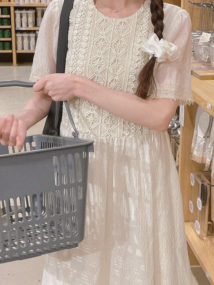 Women's Casual Crew Neck Heavy Lace Short Sleeve Long Casual Dress, Summer