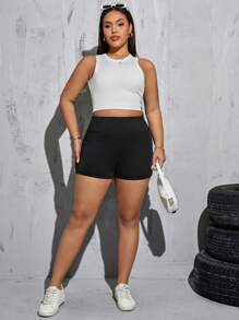 SHEIN Essnce 大码女士春夏时尚休闲运动舒适高弹力基本款日常百搭黑色带口袋摩托车短裤、女式下装、女士夏季服装、街头服饰、骑行短裤、外出服装、女士慢跑裤 - 黑色 - 查看 10