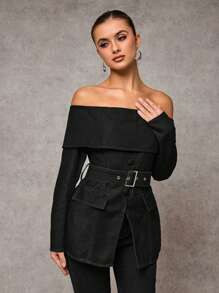 SHEIN BAE 女士休闲露肩牛仔外套 - 黑色 - 查看 4