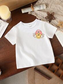 SHEIN بلوزة قصيرة الأكمام ذات رقبة دائرية أساسية مع طبعات على الوجه الباسم والزهور والشطرنج والشعارات ، موديلات أساسية للأطفال البنات للأناقة اليومية - أبيض - مشاهدة 2