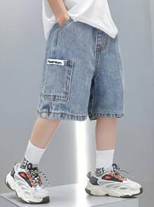 SHEIN Young Boy Summer Retro Casual Patch Loose Fit Baggy Blue Denim Shorts With Side Pocket, Spring Summer Spring Break
