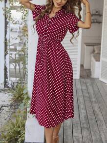 Breezaya Đầm Maxi In Chấm Bi Nửa Nút Thắt Phía Trước Trang Phục Đi Biển Cho Nữ - Màu Đỏ Sâu - Xem 4