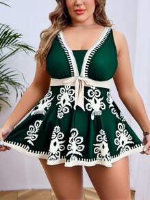 Swim Lushoire Conjunto de falda de natación con estampado floral y nudo en la cintura talla grande para mujer