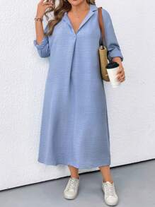 SHEIN LUNE Plus Size Solid Color Long Sleeve Dress, Fashionable For Summer - Dusty Blue - View 4