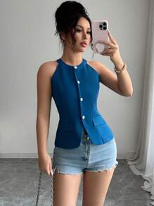 Elenzga Elegant Fitted Halter Neck Women's Top - Blue - View 1