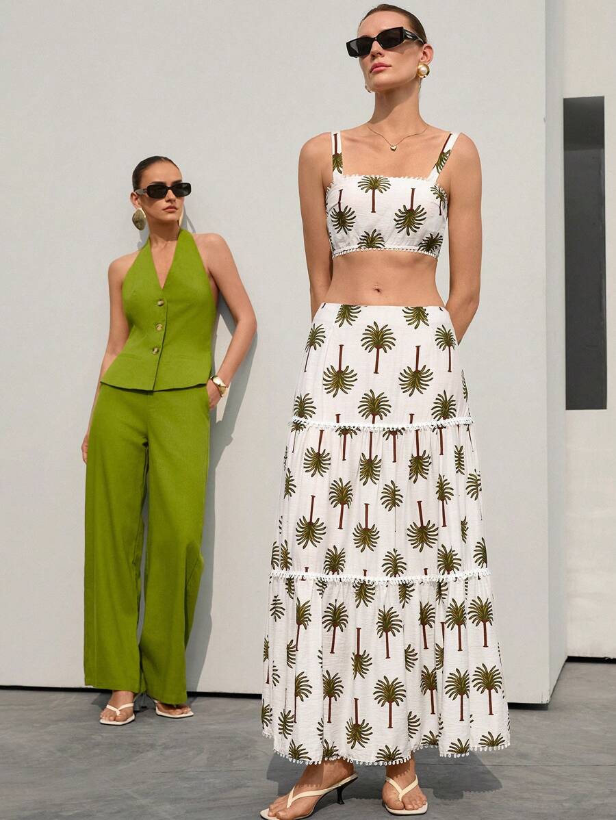 SHEIN Privé 2pcs/Set Women's Elegant Vacation Palm Tree Print Wide Strap Tank Top With Ruffle Hem Flared Skirt Suit - Multicolor - View 1