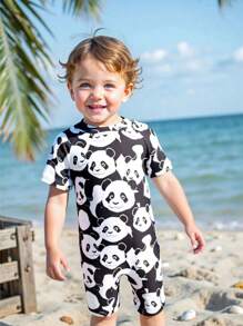 Baby Boy Cute Panda Print One-Piece Zip-Back Beach Swimsuit - Black and White - View 3