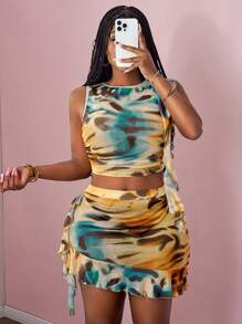 Slaydiva Women's Tie Dye Summer Seductive Party 2 Pieces Set Leopard Print Round Neck Sleeveless Ruffled Vest Top And Asymmetric Hem Mini Skirt Summer Sets - Multicolor - View 7