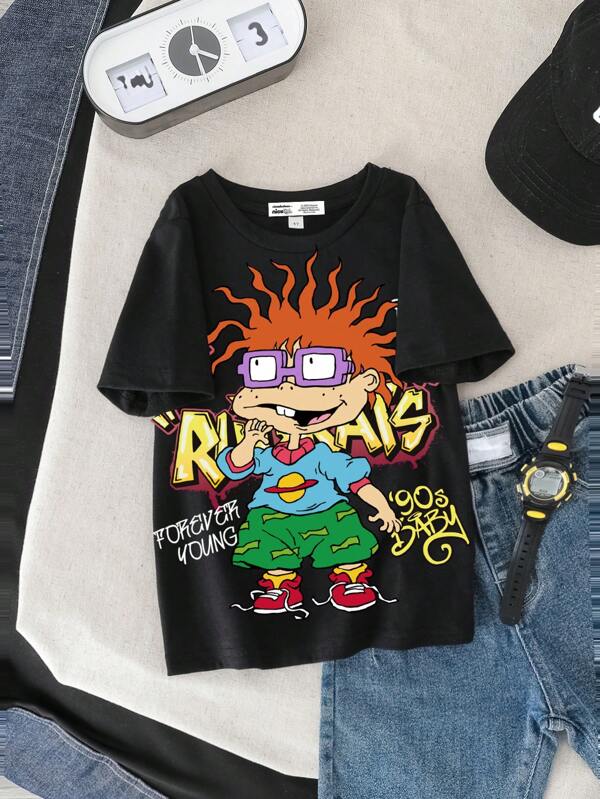 Nick 90s X SHEIN Camiseta de manga corta y cuello redondo para niño, con estampado gráfico de graffiti en inglés y dibujos animados en negro, adecuado para el verano