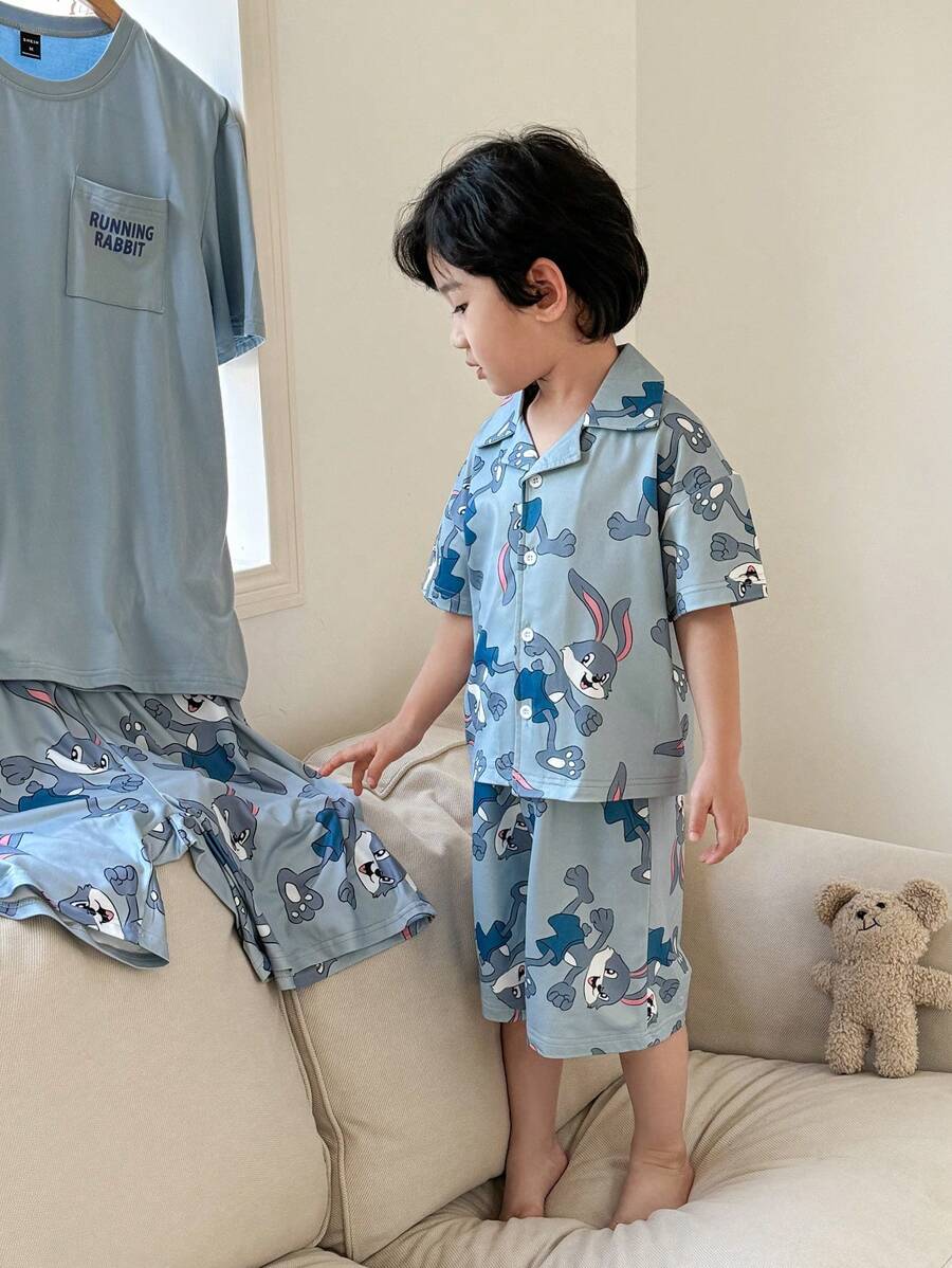 SHEIN Young Boys Funny Casual Cute Self-Created Rabbit Pattern Gray Blue Cardigan Shorts 2 Pieces Pajama Set - Dusty Blue - View 1
