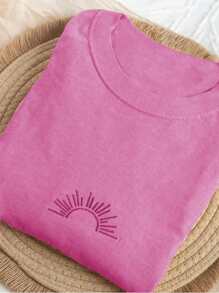Women's Casual Crew Neck Short Sleeve T-Shirt With Sun Embroidery, Versatile - Hot Pink - View 3