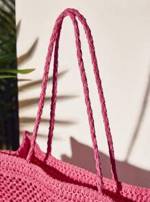 SHEIN VCAY Vacation Casual Letter Embroidery Hollow-Out Tote Bag - Hot Pink - View 4