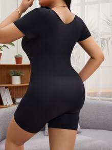 SHEIN 大码纯色短袖连体裤 - 黑色 - 查看 3