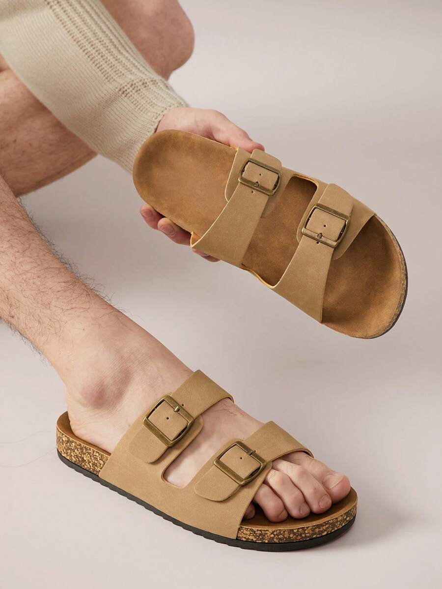 SHUZIA 男士舒适双扣软木鞋床凉鞋灰褐色平底凉鞋夏季鞋春季鞋春假复活节母亲节礼物