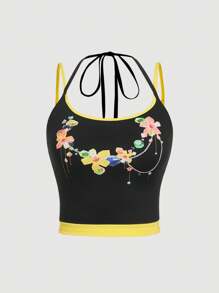 SHEIN MOD Collar floral colorido, top de tirantes con contraste de color floral y tejido, talla grande - Negro - Ver 5