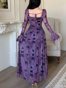 Modelyn Robe longue femme à manches longues évasées avec maille papillon, ourlet asymétrique. Minimaliste et élégante, pour l'été - Prune - Voir 2
