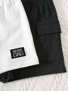 SHEIN 4件套男童/女童夏季韩版休闲可爱卡通图案条纹短袖T恤和松紧腰工装短裤套装 - 白色 - 查看 8