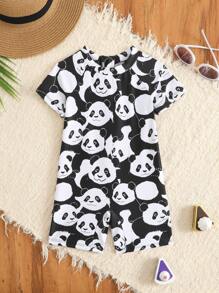 Baby Boy Cute Panda Print One-Piece Zip-Back Beach Swimsuit - Black and White - View 2