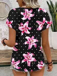 INAWLY Maglietta casual da donna con scollo a V, maniche corte, stampa floreale e a pois