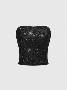 ROMWE Hippie 2 件套女士夏季波西米亚音乐节亮片刺绣抹胸上衣和网眼裙套装 - 黑色 - 查看 7