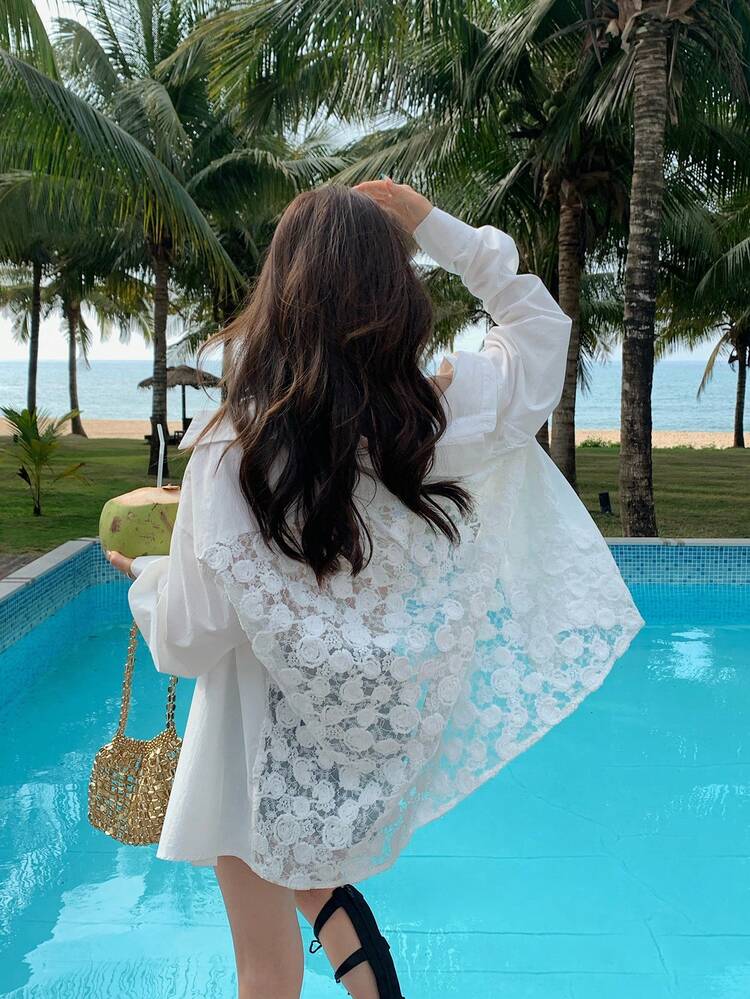 Women's Floral Leisure Korean Style Elegant Casual Long Sleeve Solid Color Blouse, For Summer Travel Vacation