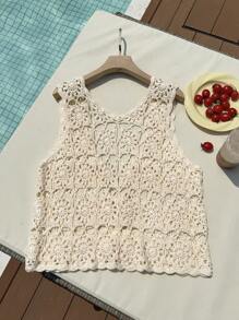 Comfortcana Plus Size Vacation Casual Solid Color Hollow Out Knit Vest - Beige - View 2