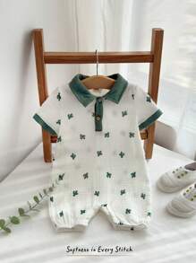 Cozy Pixies Baby Boy Cartoon Dinosaur Pattern Color Block Polo Collar Short Sleeve Romper Casual Outfit - Green - View 7