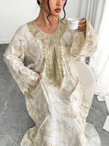 Al Najma Plus Size Women's Elegant Bell Sleeve Turkish & Arabian Traditional Maxi Dress, Modest Kaftan - Beige - View 4