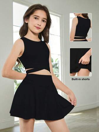 Tween Girls 2 件套运动背心和网球裙套装，纯黑色，简约舒适，百搭春夏季，时尚运动工字背心和高腰修身裙设计，弹性面料