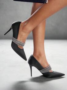 CUCCOO SZL 女士时尚黑色水钻尖头高跟鞋，适合约会、聚会和婚礼新年假期 - 黑色 - 查看 5