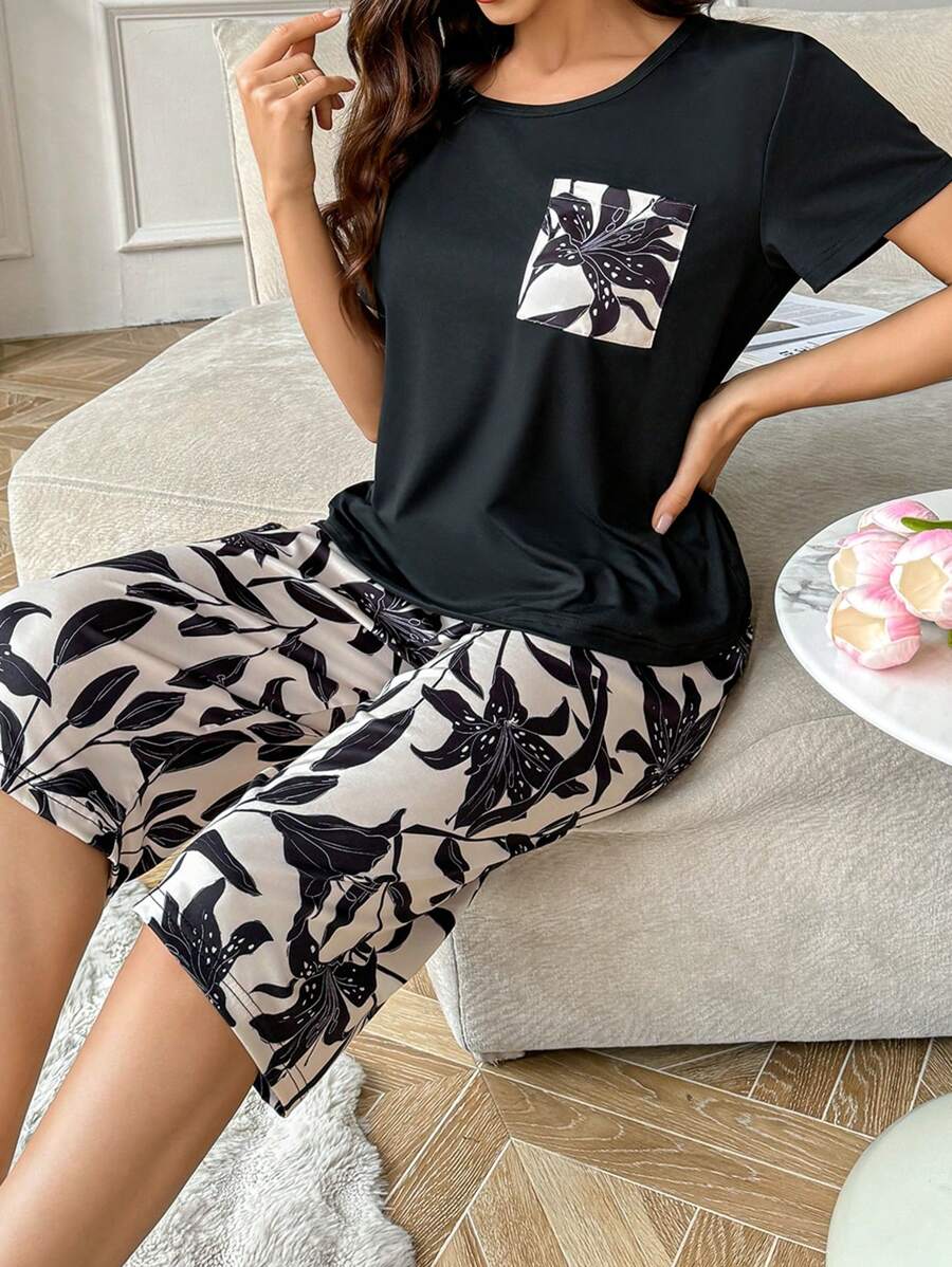 Floral Print Pouch Pocket Short Sleeve & Capri Pants Set - Multicolor - View 1