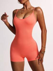 SHEIN Dewbera Women's Yoga Rompers One Piece Ribbed Spaghetti Strap Exercise Romper - Orange - View 4