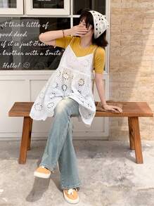 FRIFUL 女式白色 A 字镂空无袖吊带背心，波西米亚乡村风格，夏季娃娃装上衣