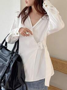 FRIFUL Camisa feminina de cor sólida com ombros caídos e manga comprida, casual, com cinto solto na cintura, outono - Branco - Ver 7