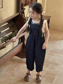 DAZY 少女单排扣阔腿宽松休闲牛仔连体裤，女童夏季服装 - 深色水洗藍 - 查看 3