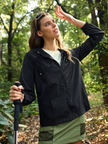 In My Nature Veste de soleil pour femmes avec col zippé, cordon de serrage, capuche et manches longues de couleur unie, idéal pour la randonnée