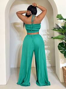 Slaydiva Plus Size Women's Vacation Solid Color Drawstring Waist Cutout Wide Leg Halter Jumpsuit - Green - View 2