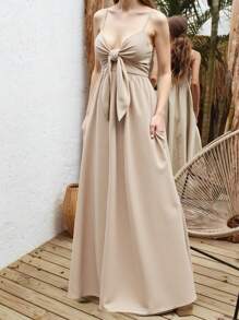 SHEIN VCAY Vestido feminino elegante de cor sólida com alça de gravata - Caqui - Ver 1