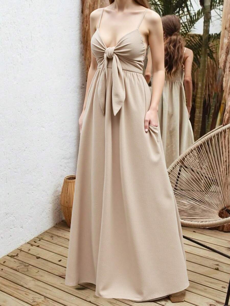 SHEIN VCAY Vestido feminino elegante de cor sólida com alça de gravata - Caqui - Ver 1
