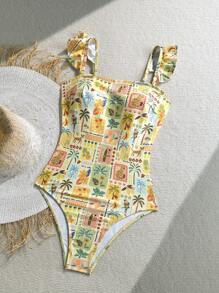 Soleia Beach Vacation Outfits Swimwear Women Swimsuit Summer Beach Outfits For Woman Vacation Outfits Woman  High Waisted Bathing Suit Beach Holiday Modest Cute Flounce Print One-Piece One Piece Swimsuit Women - Multicolor - View 5